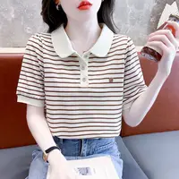 Polo Neck T Shirt for Women Striped Summer Outfit Baggy 90s Vintage Japanese Fashion Clothes Women's Clothing 2025 Woman Tshirt
