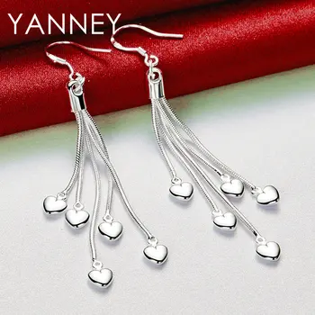 Women's 925 Sterling Silver 70MM Upper Tassel Heart Earrings For Fashion Girlfriend Wedding Jewelry Gifts Accessories