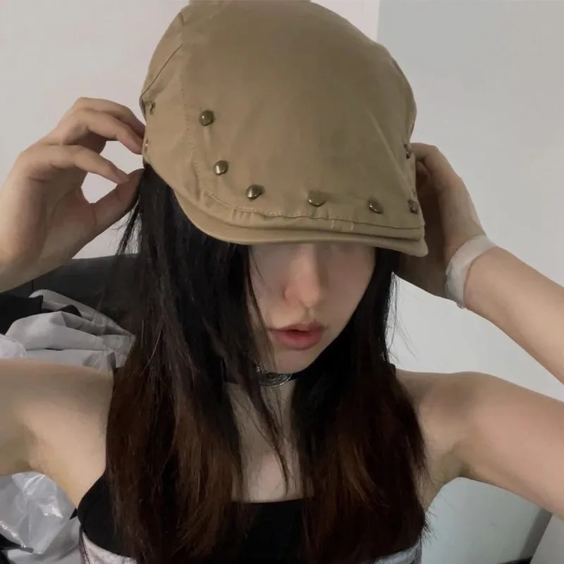 Fashion Cotton Rivet Front Cap Anti-wear Thin Artist Beret Cap Solid Color Peaked Cap Spice Girls Retro Versatile Painter Caps