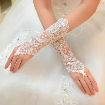 1 paio di guanti da sposa bianchi/rossi/beige eleganti guanti corti in pizzo bianco con strass, bellissimi accessori da sposa