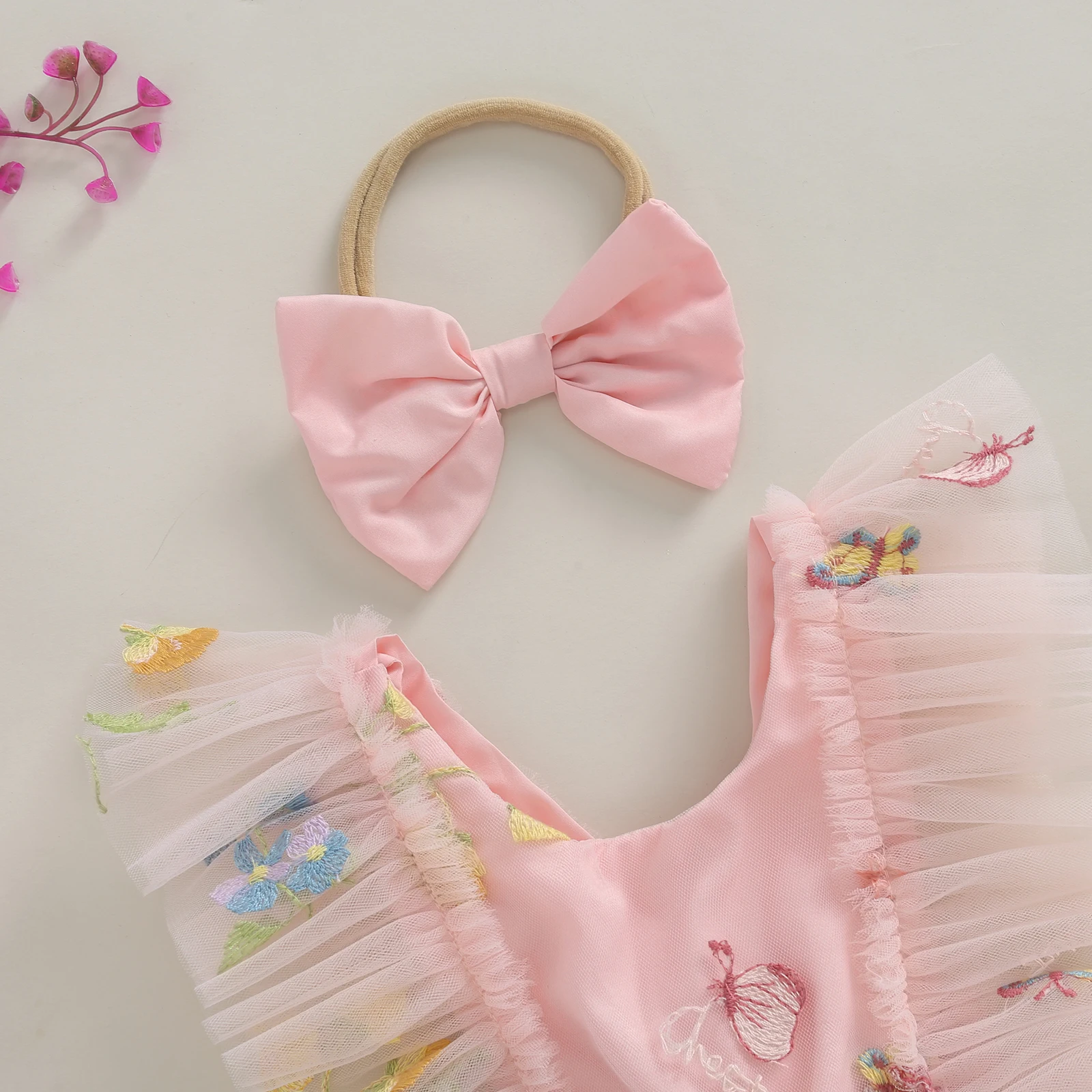 Summer Infant Baby Girl Outfits Ruffle Sleeveless Floral Embroidery Tulle Skirt Bodysuit Headband Clothes Set 4