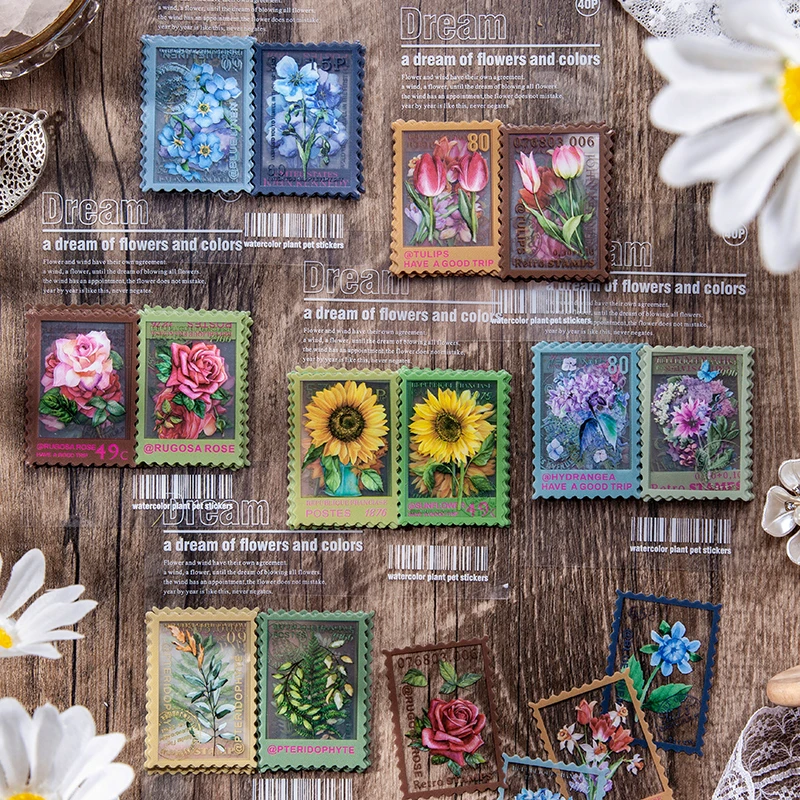 Floral Stickers 40Pcs/Bag Vintage Fern Floral Stamp PET Sticker Package DIY Diary Journal Decoration Label Album Scrapbooking