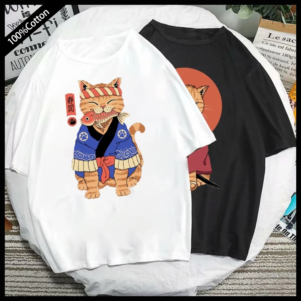 

Футболки Catana Kawaii, топы с японским принтом самурайского кота, модная дышащая футболка, футболки большого размера, мужские футболки