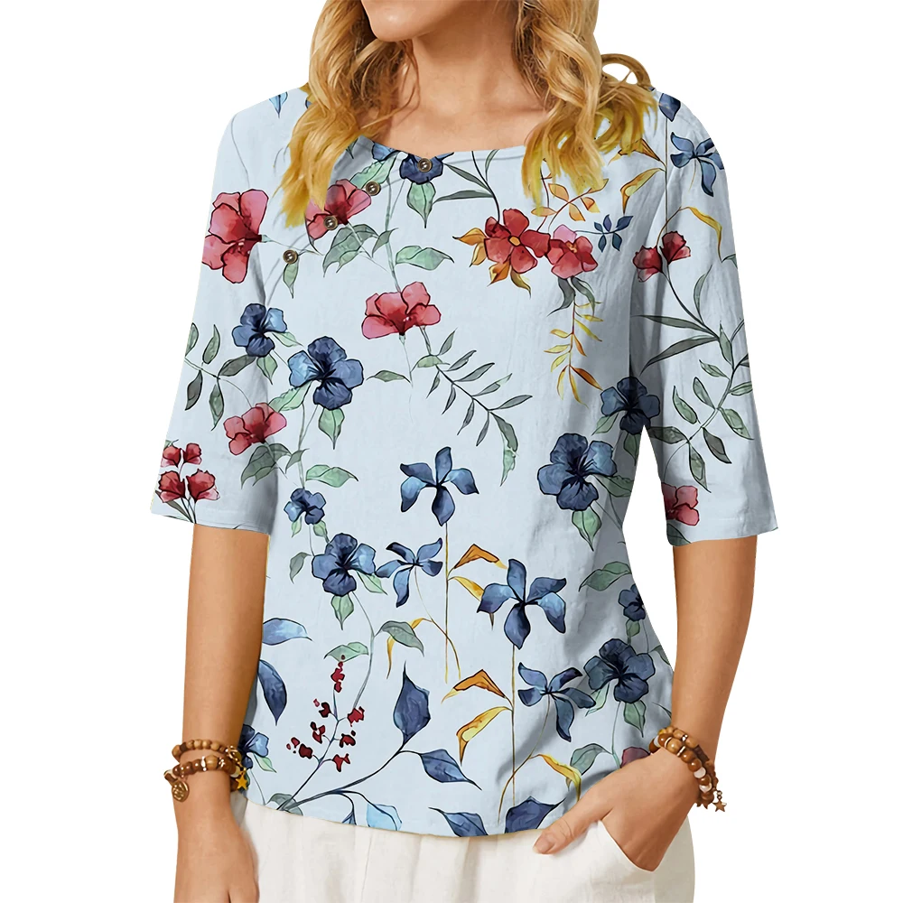 

CLOOCL Fashion Women T-shirts Pretty Floral Leaf 3D All Over Pirnted Tees O-neck Button Loose Short Sleeve Tops Dropshipping