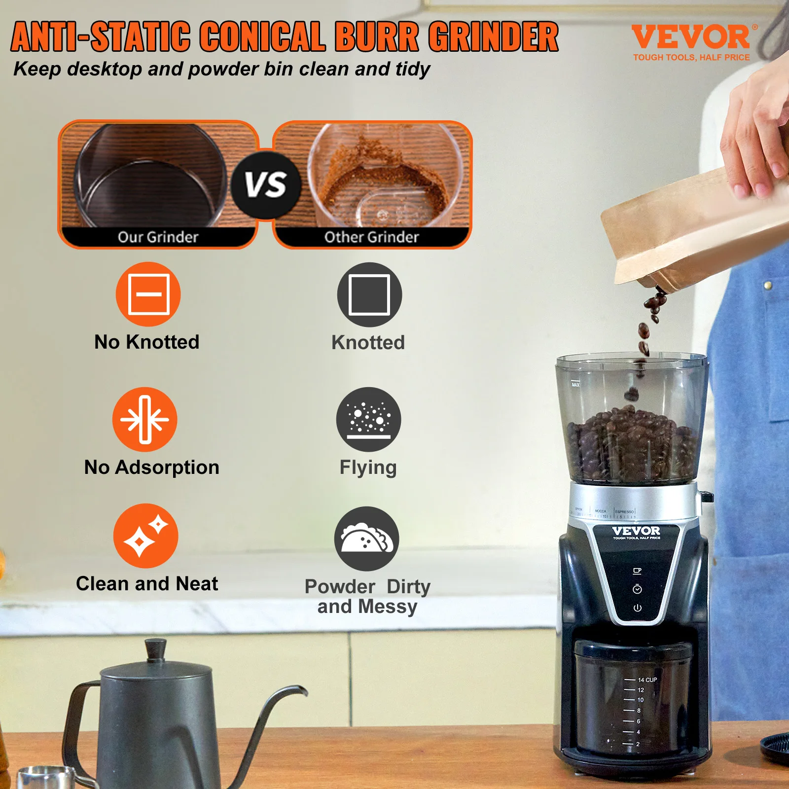 VEVOR Conical Burr Grinder, Electric Adjustable Burr Mill with 51 Precise  Grind Setting, 9.7-Ounce 13 Cups Coffee Bean Grinder, Perfect for Drip,  Mocha, Hand Brew, French Press, Espresso, Silver