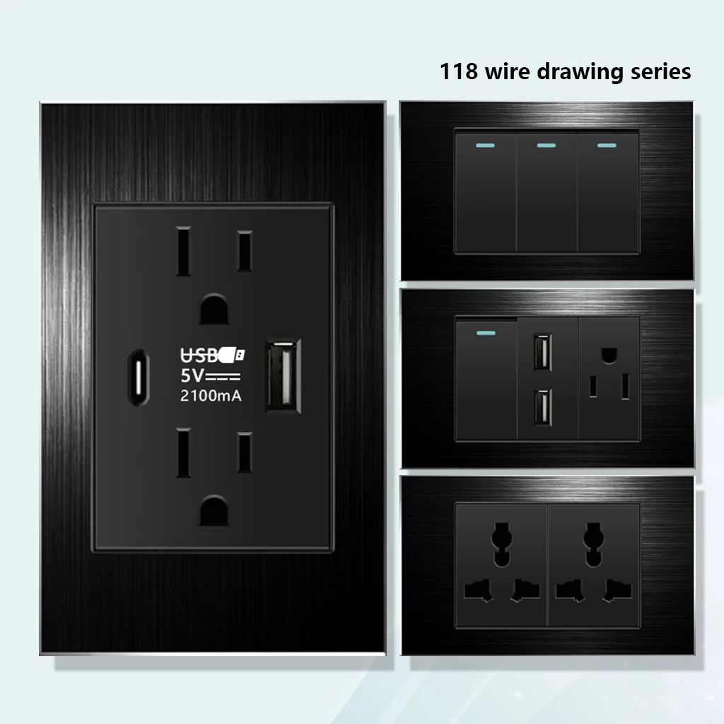 American Black Wall Painel Interruptor de Luz Elétrica México Dual Usb Carga Rápida tipo c Tomada us Household pc Tomada