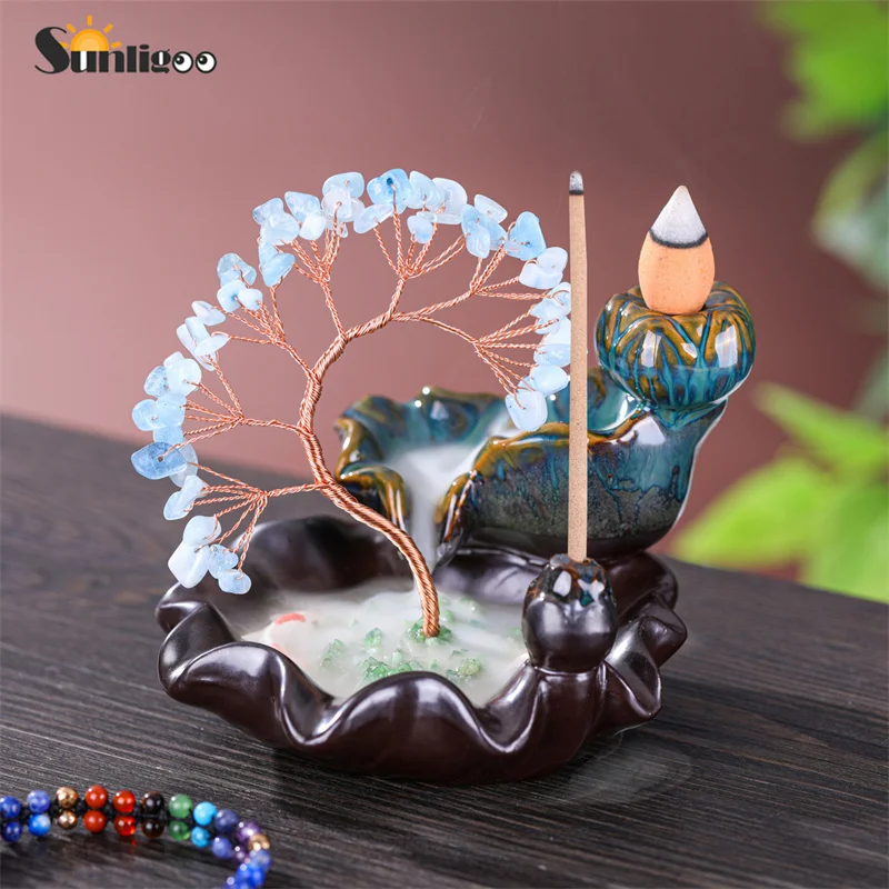 Sunligoo Handmade Natural Crystal Gemstone Tree In Ceramics Lotus Leaf Waterfalls W/ Incense Holder Meditation Yoga Room Decor