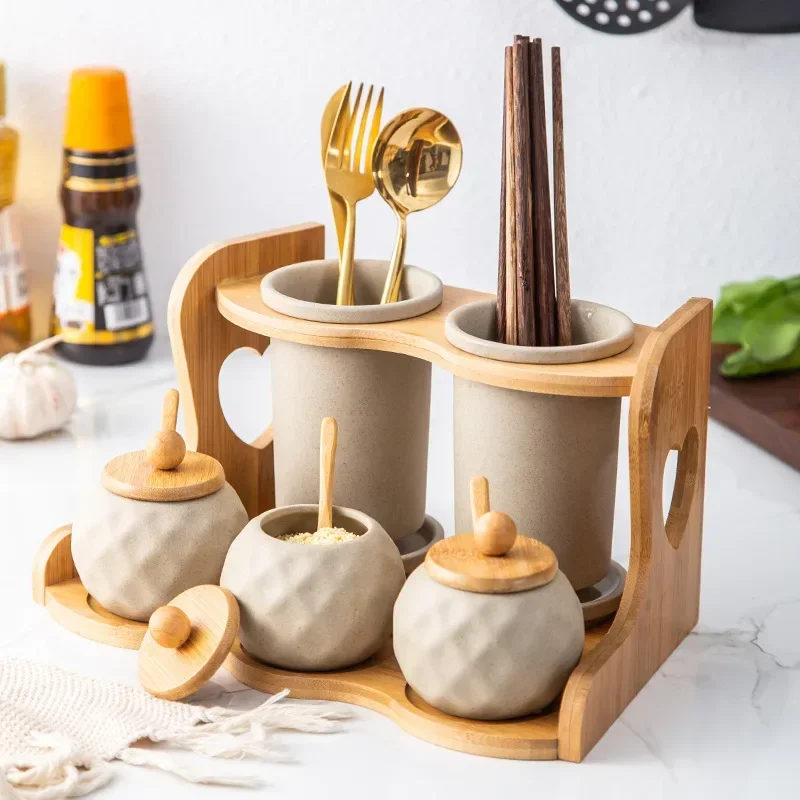 

Creative ceramic seasoning set restaurant home kitchen storage double bamboo wooden chopsticks knife and fork tube seasoning jar