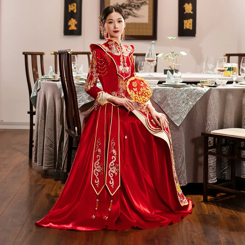 

Chinese Marriage Bride Beading Evening Gown Toast Clothing Sparkly Red Phoenix Sequins Embroidery Wedding Dress китайская одежда