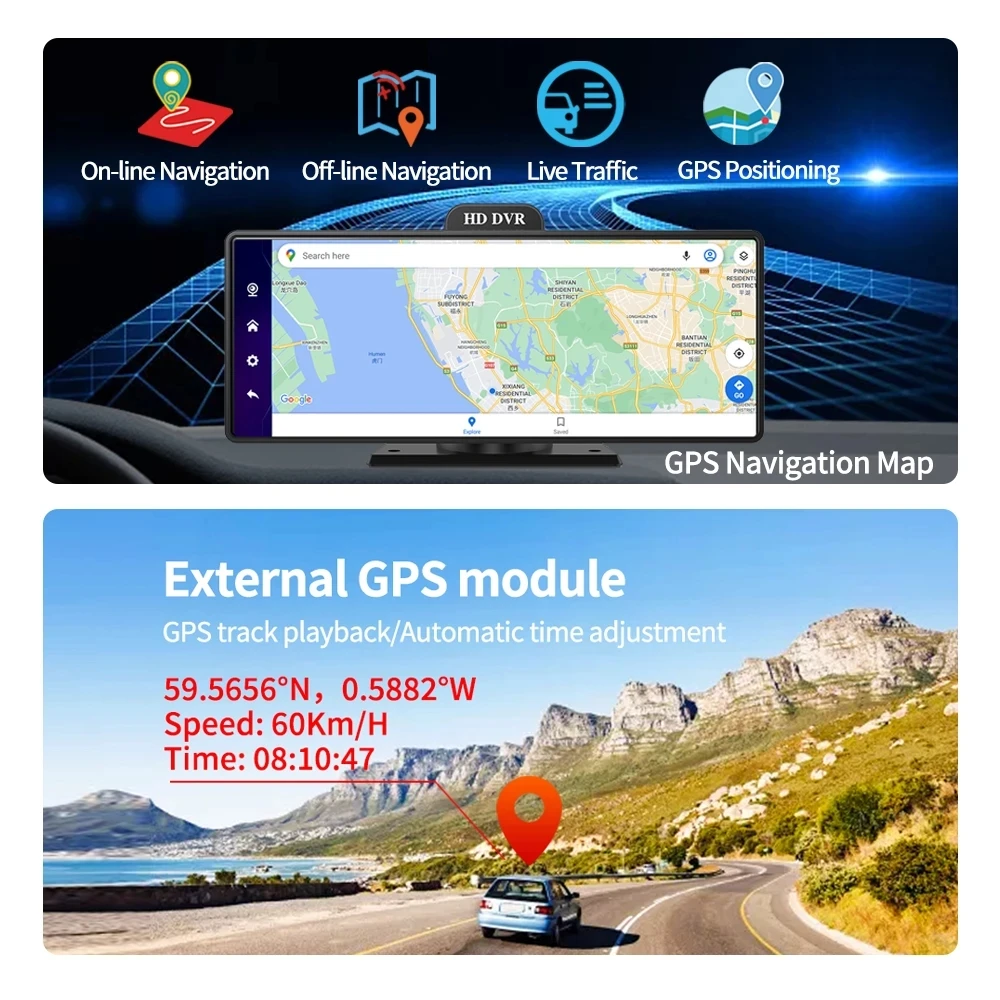 차량용 DVR GPS 네비게이션 대시보드 카메라, 10.26 인치, 4G ADAS, 안드로이드 13, HD 1080P 듀얼 렌즈, 와이파이, 블루투스, 등록 비디오 녹음기