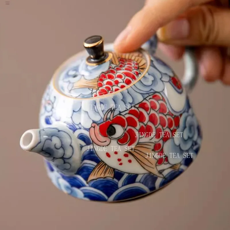 Jingdezhen Ceramic Teapot Tea Set 160ml Japanese Style Blue and White Dragon Fish Teapot Underglaze Colour