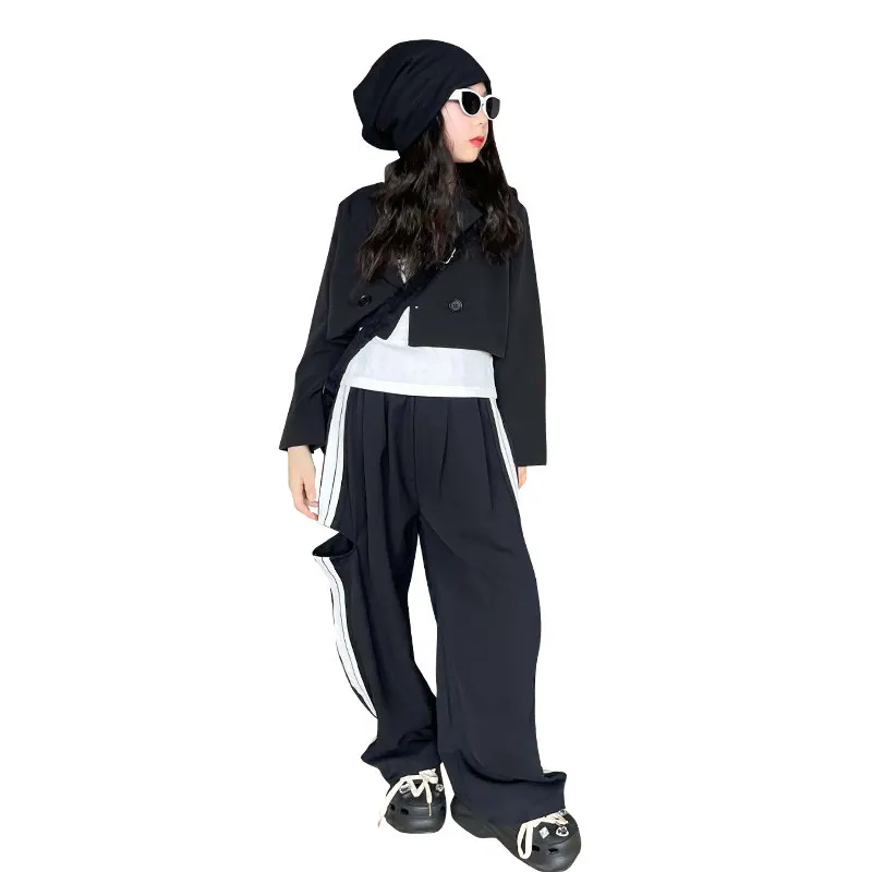 

Kids Girls Suits Blazer and Pants with Hole Fashion Streetwear for Young Girls Korean Black Clothing Sets Spring Autumn Costumes