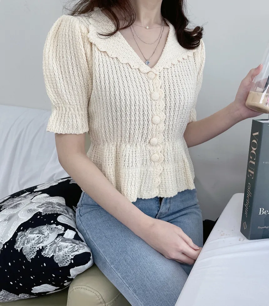 long cardigan Kimotimo Puff Sleeve Knitted Cardigan Women Retro Wave Edge Lapel Waist Tops Korean Chic Sweet Solid Hollow Out Short Sweater christmas sweaters