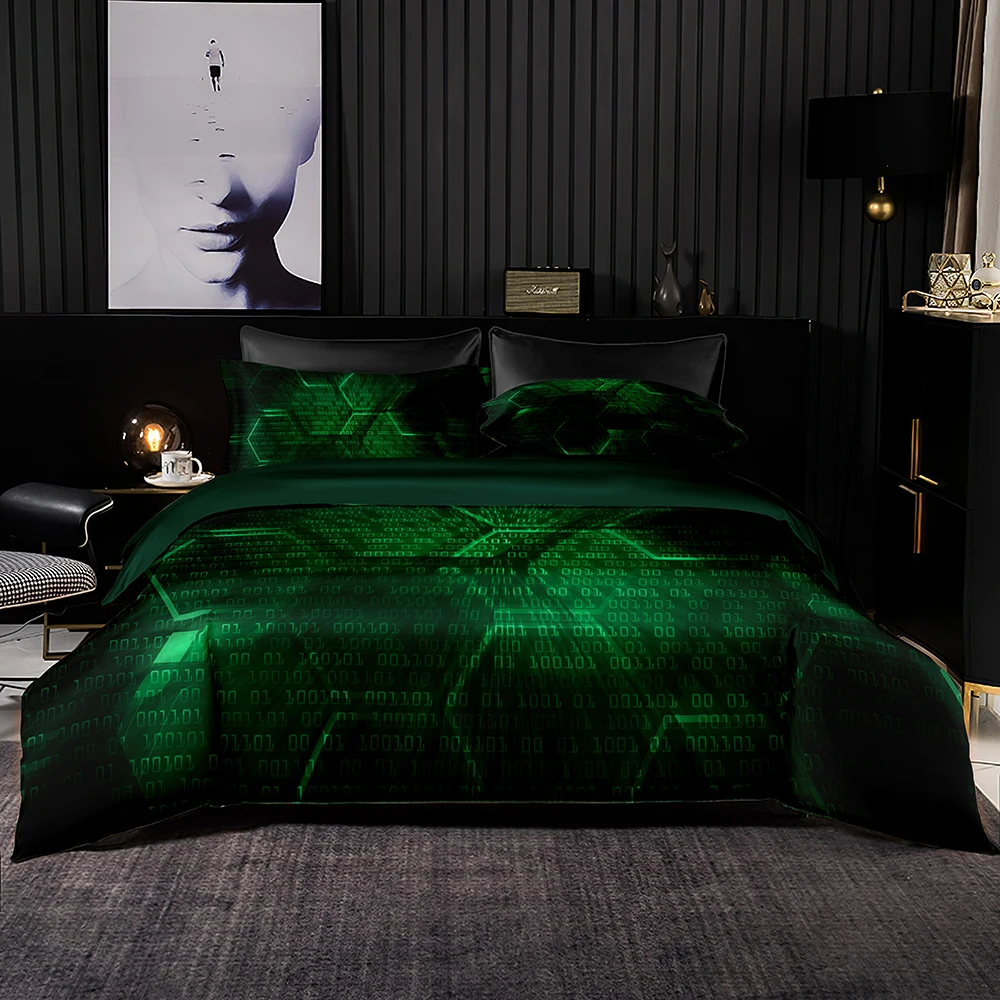 Soft Green Bedding Set Technological Style Duvet Cover Digital Signal Code Print with Pillowcase 2/3PCs for Queen King Size | Дом и сад