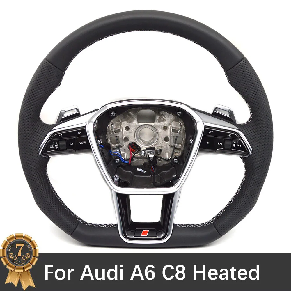 

For Audi A6 C8 Heated Multifunction Steering Wheel White Stitching RS/ S Logo Paddles Accessories