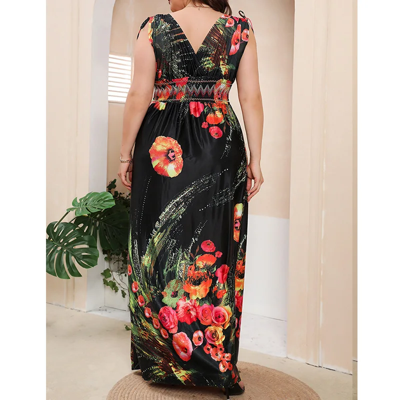 Bohemian Plus Size Women's Clothing Deep V-neck Floral Printing Bandage Sleeveless Loose Beach Vacation Ice Silk Maxi Dresses
