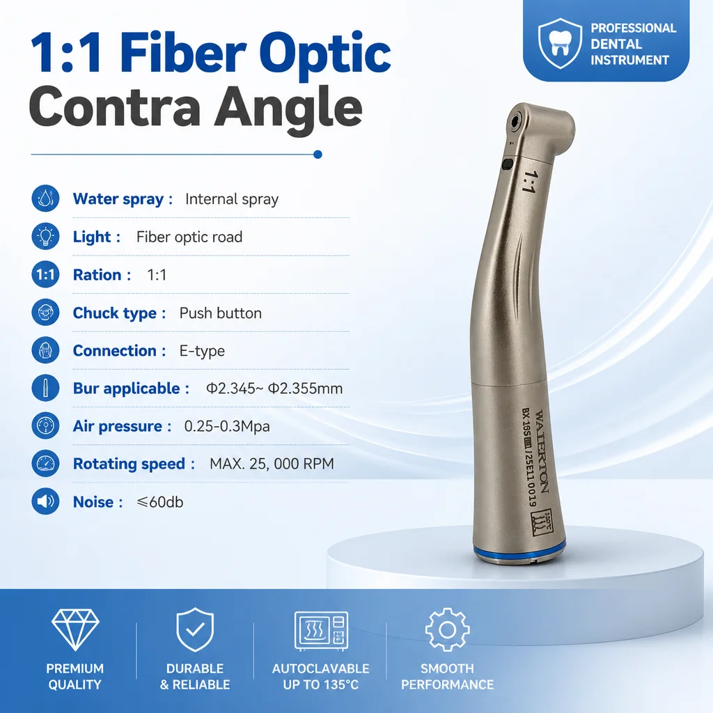 Dentaler faseroptischer Kontra-Winkelstück mit niedriger Drehzahl, blauem Ring, X25L, 1:1, interner Wasserspray für E-Typ-Motor