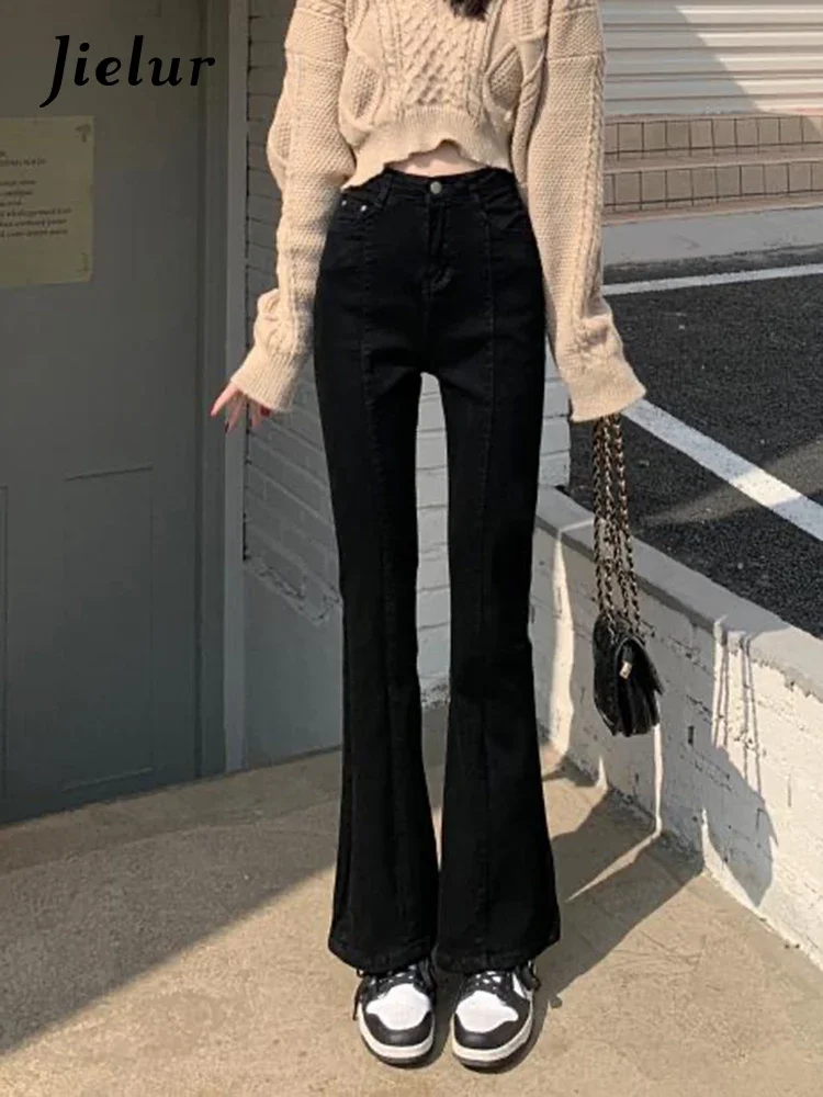 

Jielur Black Women's Jeans Autumn Korean New Fashion Slim High Waist Flare Denim Pants Women High Street Trousers Female S-XL