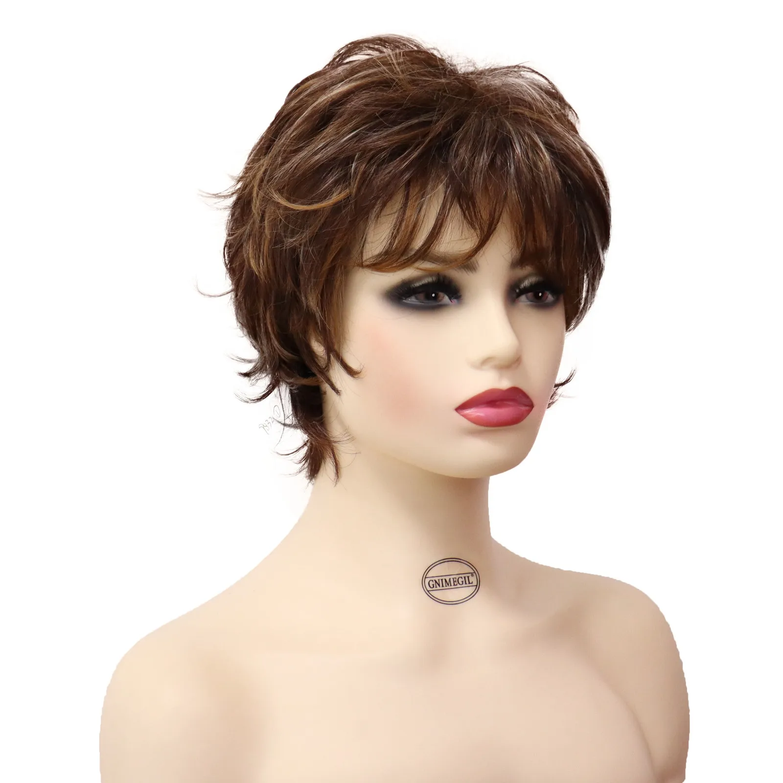 GNIMEGIL Synthetic Wig for Woman Short Brown Curly Wig with Bangs Fluffy Layered Hairstyle Female Natural Wig Lady Mommy Wig
