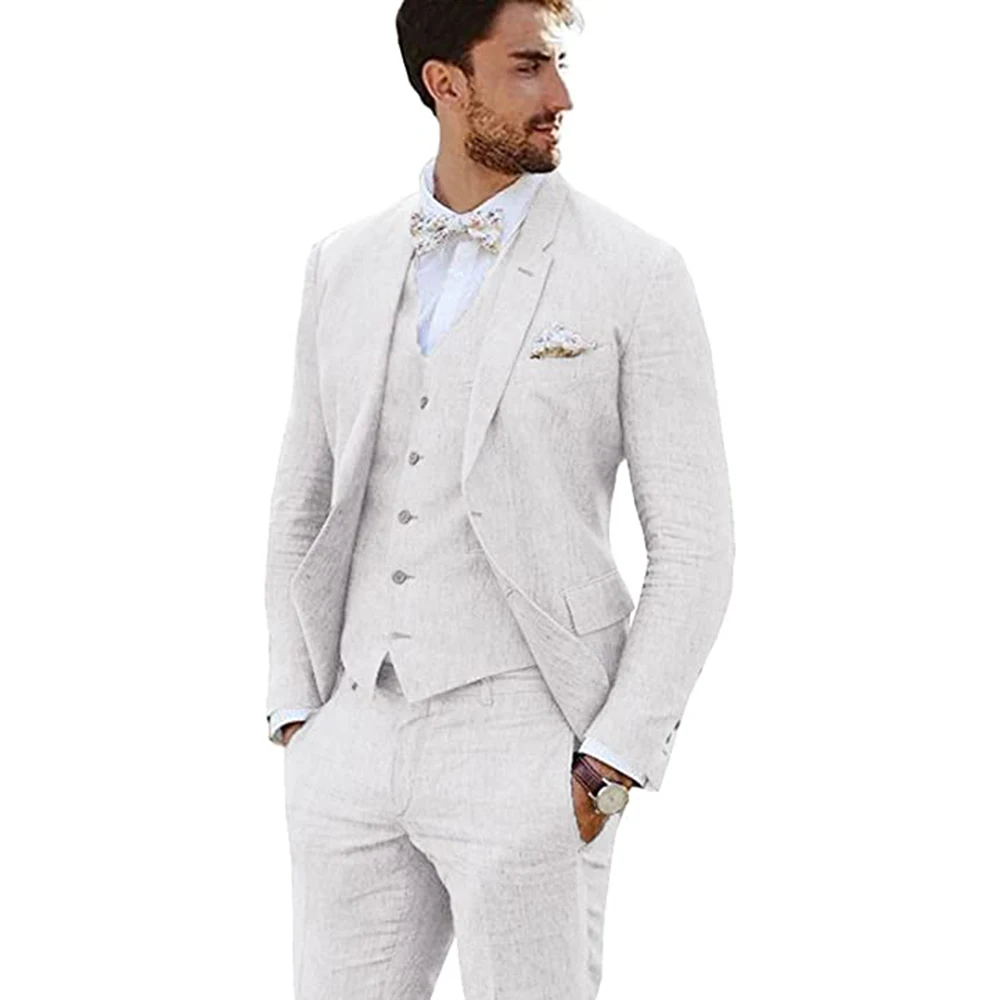 

Male Suit Groom Tuxedos Linen Party Business Casual Suit Notched Lapel 3 Piece (Blazer + Vest + Pants)Slim Fit Costume Homme