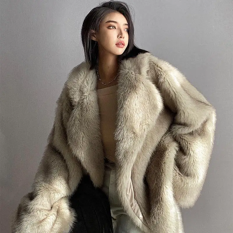 2023 Winter New Women Faux Fox Fur Coat Mid Length Version Elegant Lapel Loose Parkas Female Thick Warm Fashion Casual Outwear