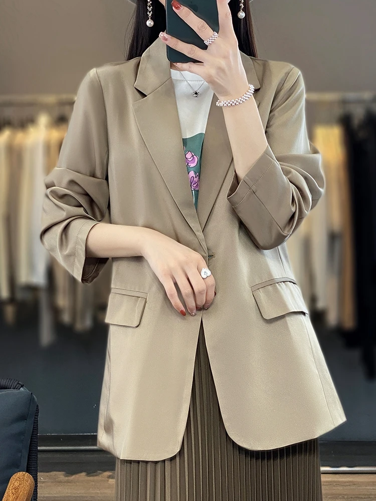 Spring and Autumn Upscale Latest Women's Temperament Solid Color Acetate Satin Smooth Fabric High Grade Fashion Suit Top