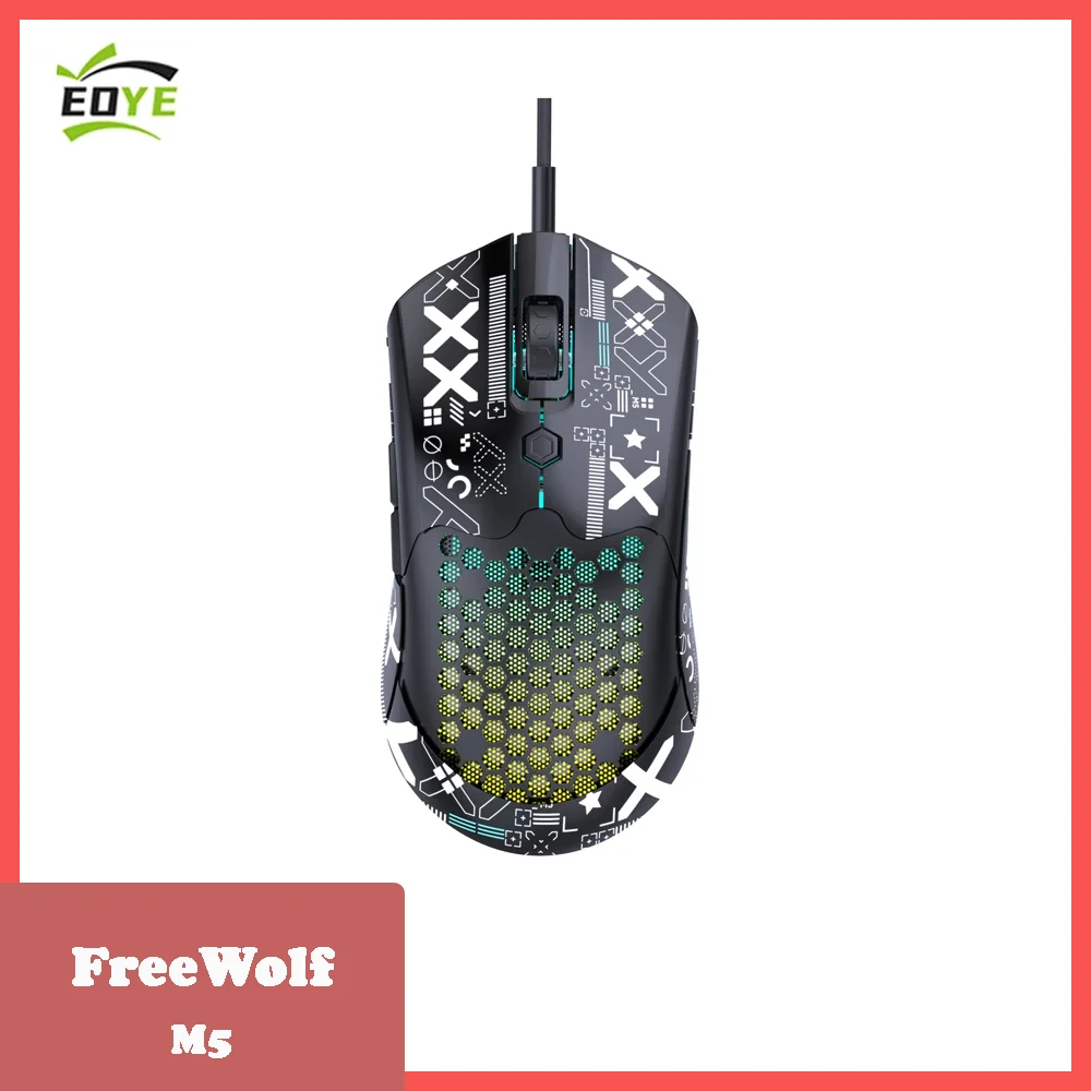 FreeWolf M5 легкая Проводная Мышь для игр, RGB, светоизлучающая, PAW3325, регулируемая, 12000DPI, эргономичная, оптическая, для офиса, путешествий