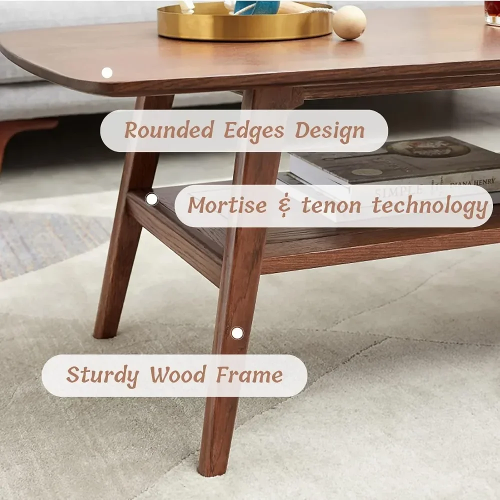 Tier Solid Oak - Coffee Table 2- Practical Center Table Double Storage Small Apartments (Walnut, 31.49" D x 19.68" W x 17.32" H) 4