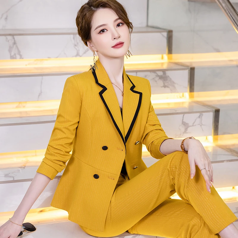 Blazer amarillo de moda para mujer, trajes de negocios, conjuntos de  pantalón y chaqueta, ropa de trabajo para mujer, uniforme, trajes| | -  AliExpress