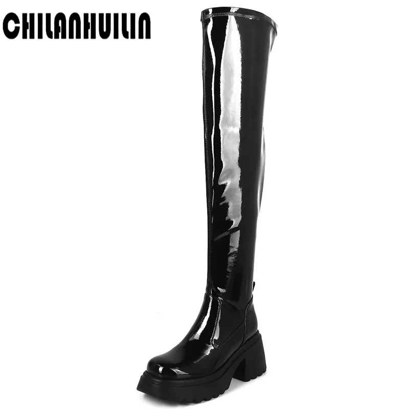 

autumn winter boots brand shoes elastic patent shoes woman boots high heels black thick platform over the knee high boots black
