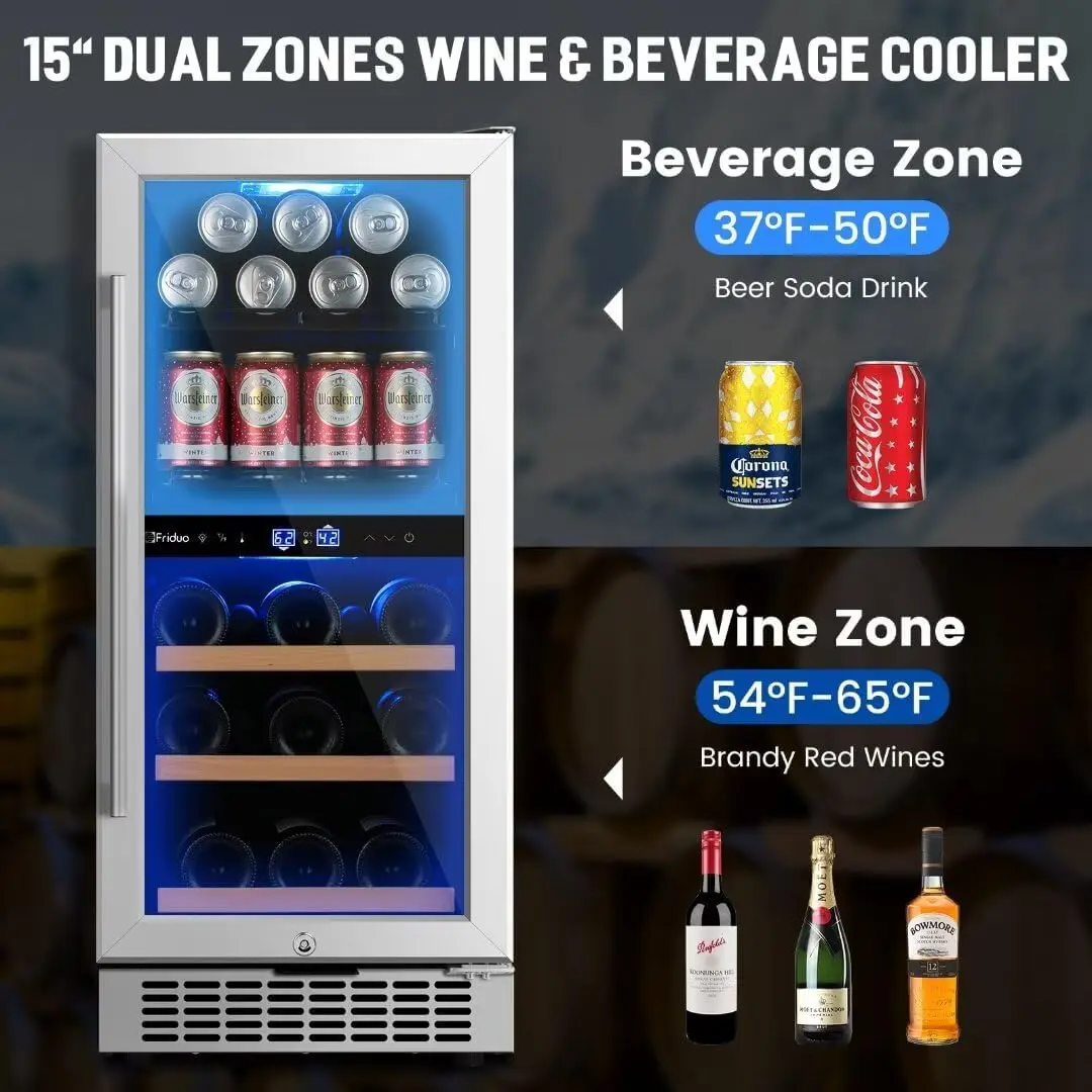 inch Wine Beverage Refrigerator,13 Bottles 48 Cans Dual Zones Temperature Wine Fridge Undercounter or Freestanding Drink Cool 2