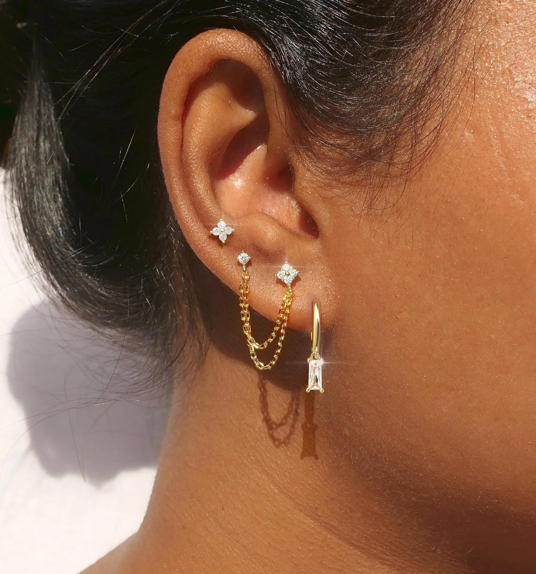 ZAKOL 3pcs Gold Color Stainless Steel Four-Leaf Flower Crystal Stud Earrings Set For Women Exquisite Piercing Jewelry Charm 4