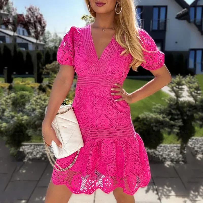 

2024 Summer New Lace Waisted Ruffles Women Dresses Short Sleeve Dress Elegant Hollow Embroidery V-neck Female Party Vestidos