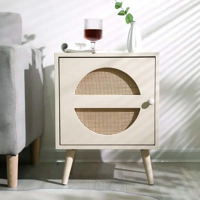 Room Bedroom Bedside Table Rattan Bedside Cabinet Storage Wood Cabinet for Homestay Hotel Home