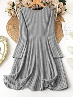 Plus Size Women's Solid Color V-Neck Long Sleeve Pit Stripe Dresses - Image 4