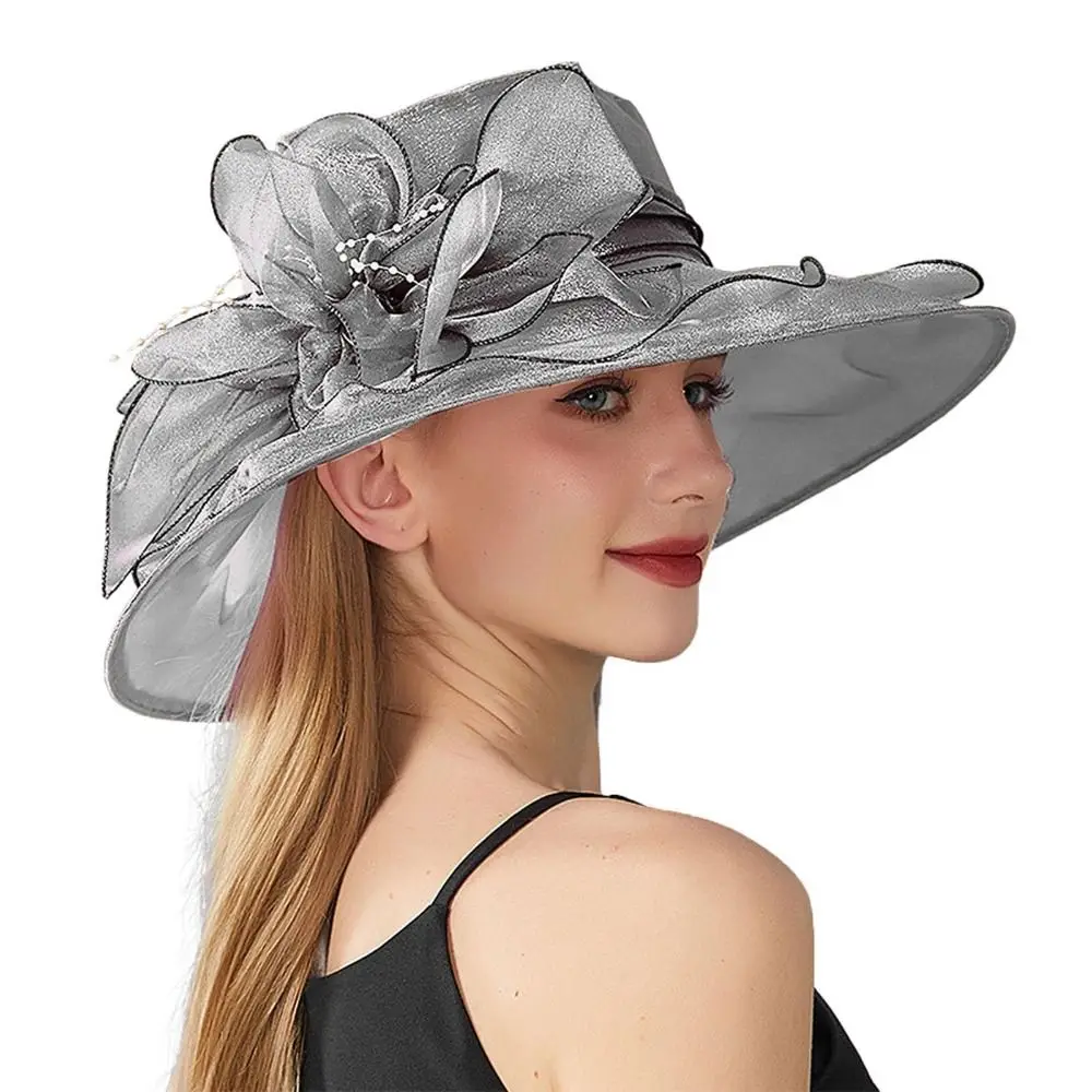 Einfarbiger Blumen-Damen-Derby-Hut mit Breiter Krempe Organza Sommer-Rüschenhut Faltbarer UV-Schutz Braut-Tee-Party-Hochzeitshut – Detail 7