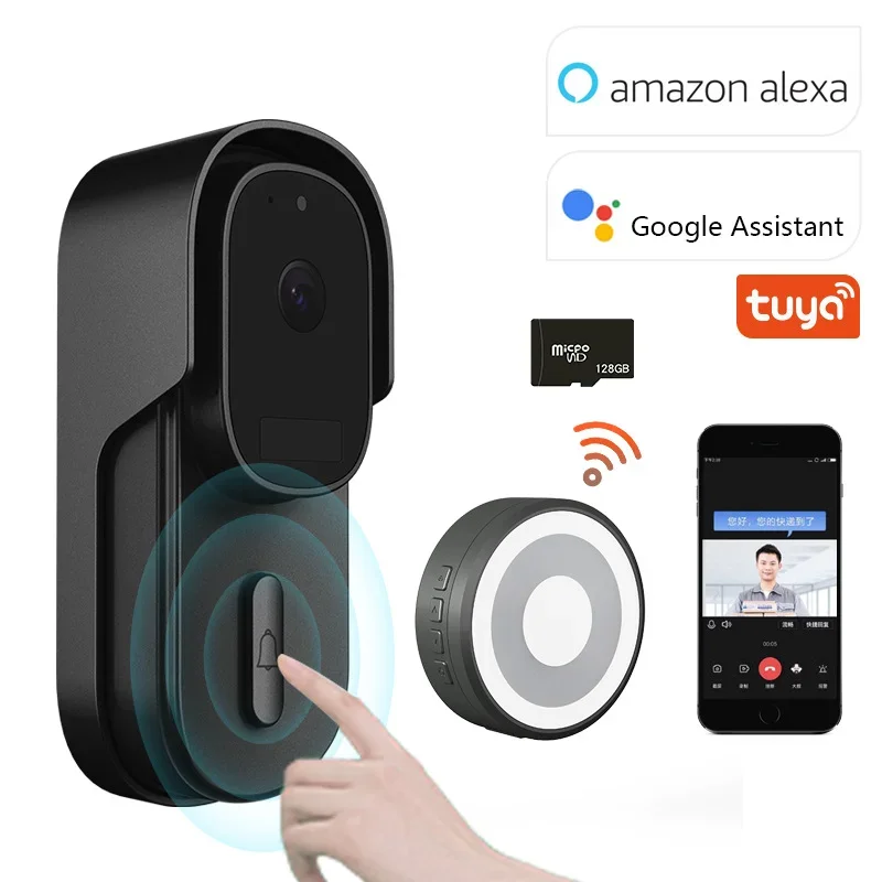 Tuya Video Doorbell WiFi Wired Door Bell 12-24V AC/DC Battery Powered 1080P 2MP Waterproof with Alexa Wireless Security Camera