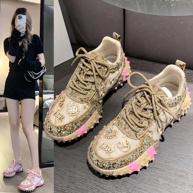 NEW Brand Women Fashion Casual Glitter Sparkling Sneakers Women Encrusted  Lace Up Shoes White Sole Fashion