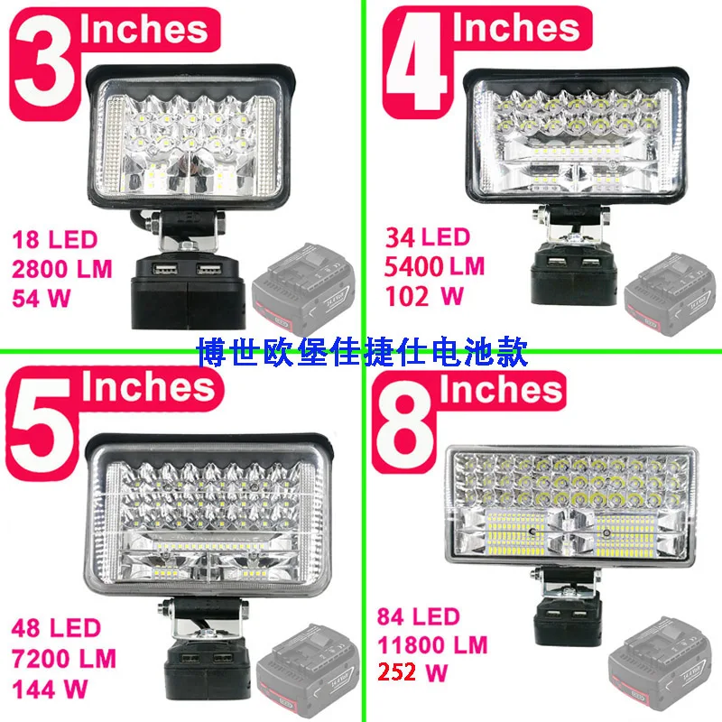 LED Working Light Lamp Flashlight Torch USB Mobile Phone Charger Adapter For Bosch 18V Li-ion Battery Power Bank Lithium Tool