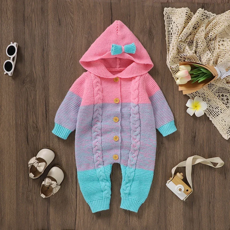 

Newborn Baby Romper Knit Toddler Girl Cute Tie Clothing Long Sleeve Autumn Infant Jumpsuit Fashion Hooded Striped 0-18M Overalls