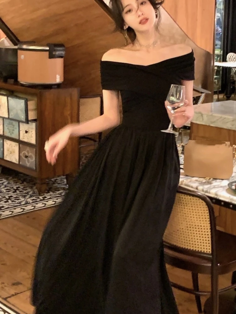 

New Summer Slash Neck Long Dresses for Women Solid Casual A-line Evening Party Dress Korean Chic Prom Robe Elegant Vestidos 2024