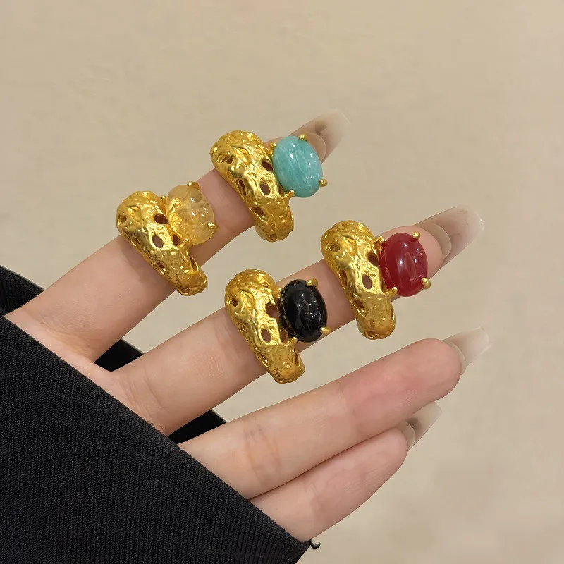 Vintage Irregular Crystal Metal Open Adjustable Ring For Women European American Personality Exaggerated Party Jewelry Accessory 1