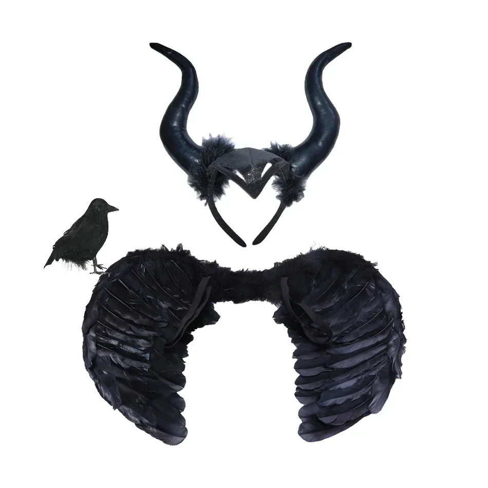 Vintage Wings Black Angel Costume Witch Devil Horns Hair Hoop Set Decorations Feather Black Swan Cosplay Halooween Accessories hair accessories cosplay accessories