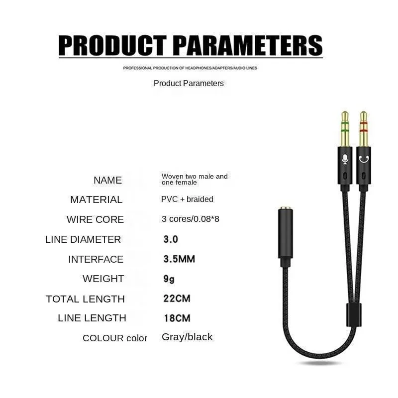 Y Splitter Headphone for Computer 3.5mm 1 Female to 2 Male 3.5mm Mic Audio Y Splitter Cable Headset to PC Adapter AUX Cable