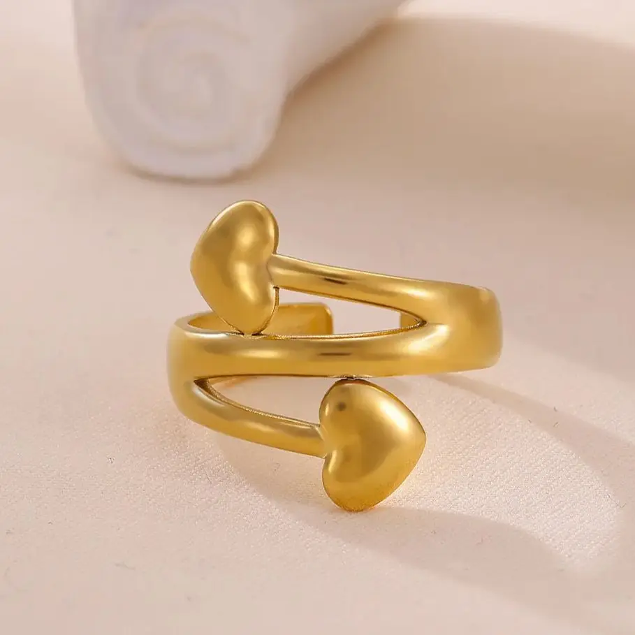 Heart Arrow Rings for Women Gold Stainless Steel Double Heart Adjustable Ring