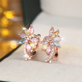 Multicolor Zircon Marquise Stone Dragonfly Flower Hoop Earrings For Women Vintage Rose Gold Color Ear Buckle Engagement Jewelry