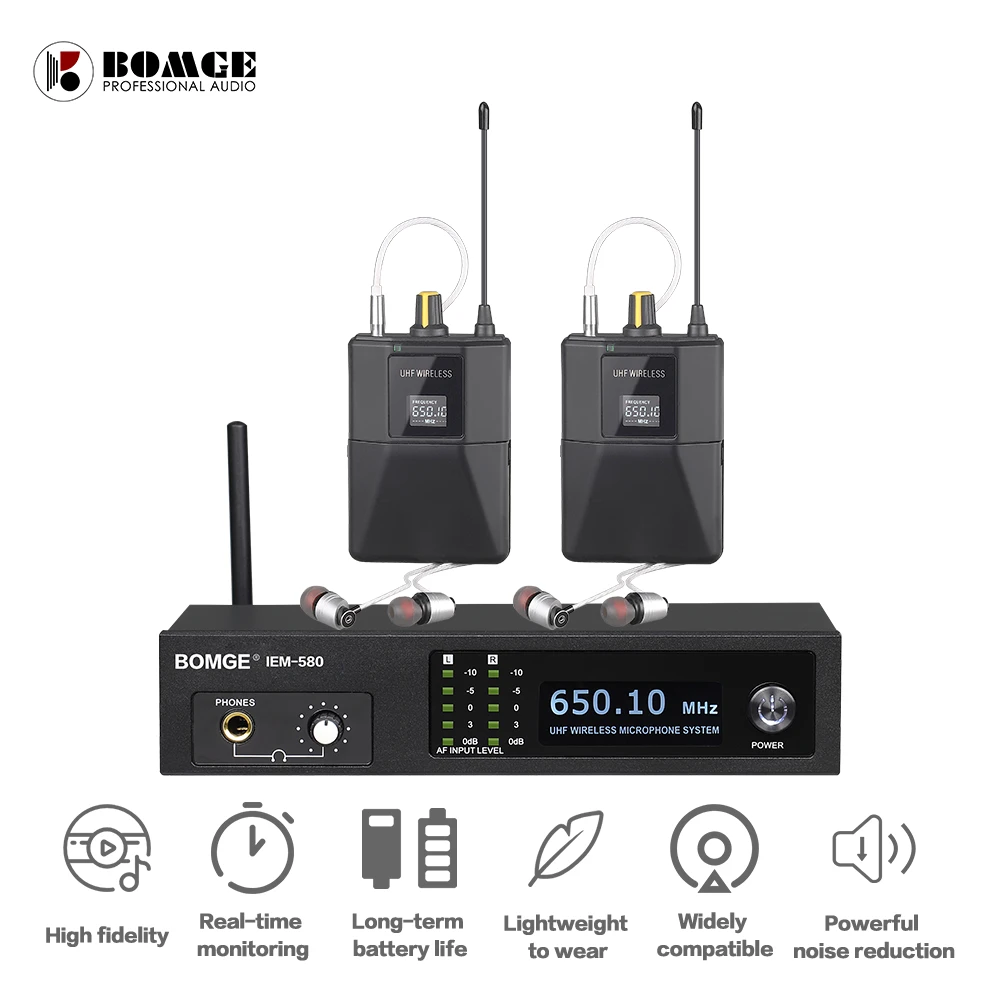 BOMGE IEM-580 UHF Wireless In Ear Stage Monitor System Professional 2 Channels For Singer Performance Band Live Show headphones with mic