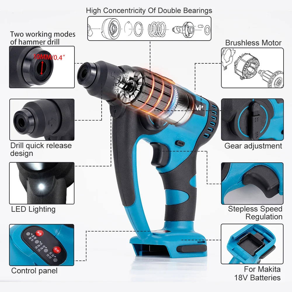 Hormy Brushless Rotary Rotary Hammer Concrete Light Duty Multifunctional Adjustable Speed Impact Drill For Makita 18V Battery 4