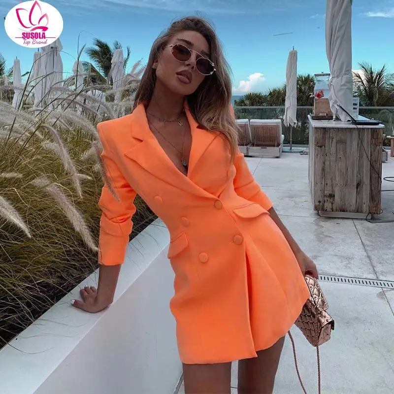 

SUSOLA Lady Long Sleeve Slim Blazer Dress Autumn Winter Women Trend Pure Orange Streetwear Outfits Windbreak