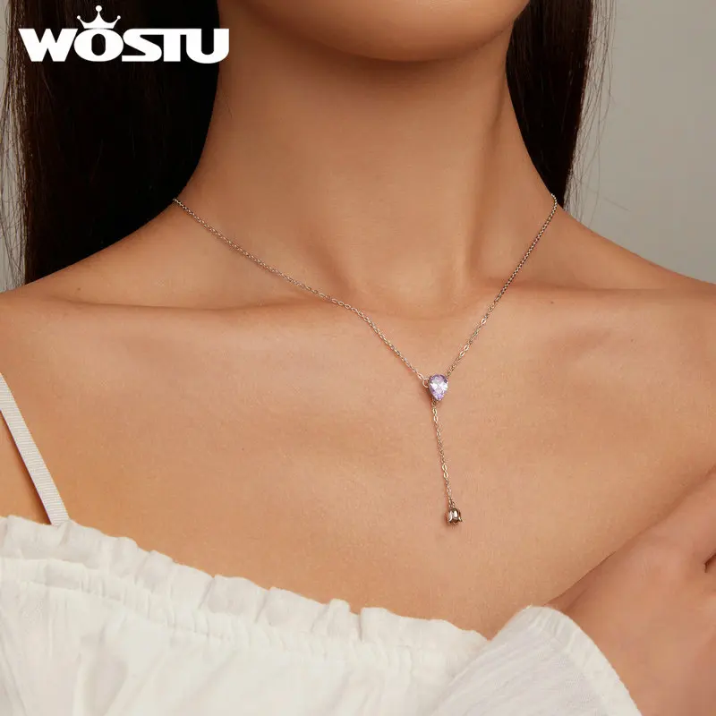 WOSTU 925 Sterling Silver Water-Drop Necklaces Purple Zircon Lily of the Valley Adjustable Chain For Women Gift Fine Jewelry 2